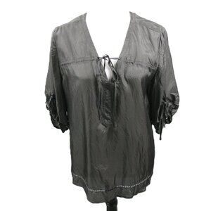 DKNY Gray Silk Tie Front Raised Tie Short Sleeve Blouse Size Medium